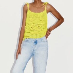 Zara Neon Yellow Crochet Tie-Shoulder Tank Top